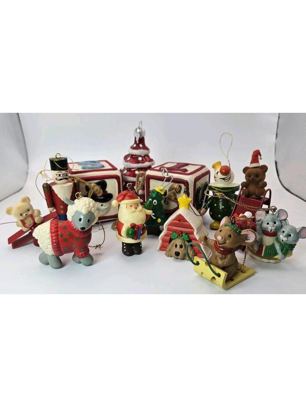 Lot Of 13 Vintage Ornaments Eclectic Mix, Wood Metal Flocked Avon Hallmark